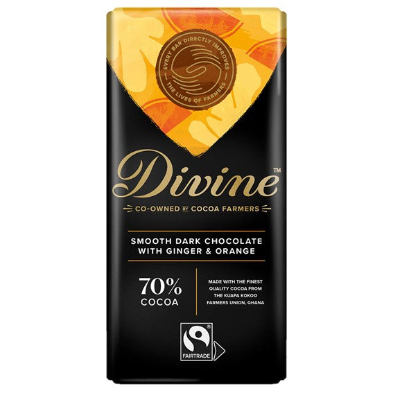 Divine 70% Mørk Sjokolade med Tørket Ingefær og Appelsin, 90g