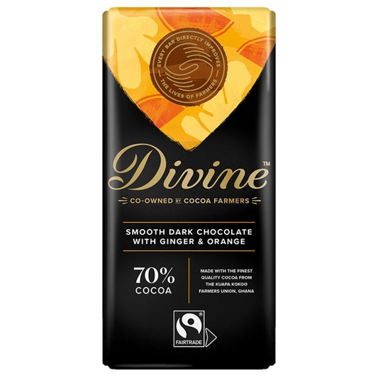 Divine 70% Mørk Sjokolade med Tørket Ingefær og Appelsin, 90g