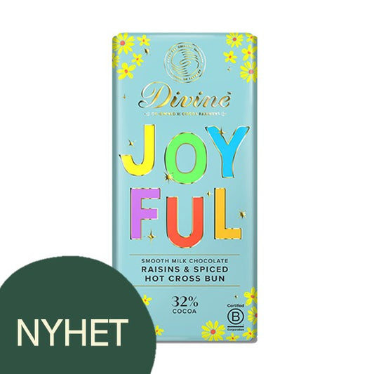 Divine Joyful milk chocolate 32% with raisins and spiced hot cross bun 180g NYHET!