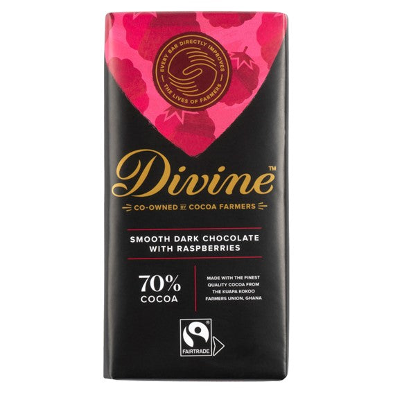 Divine 70% Dark Chocolate with Raspberry, 90g